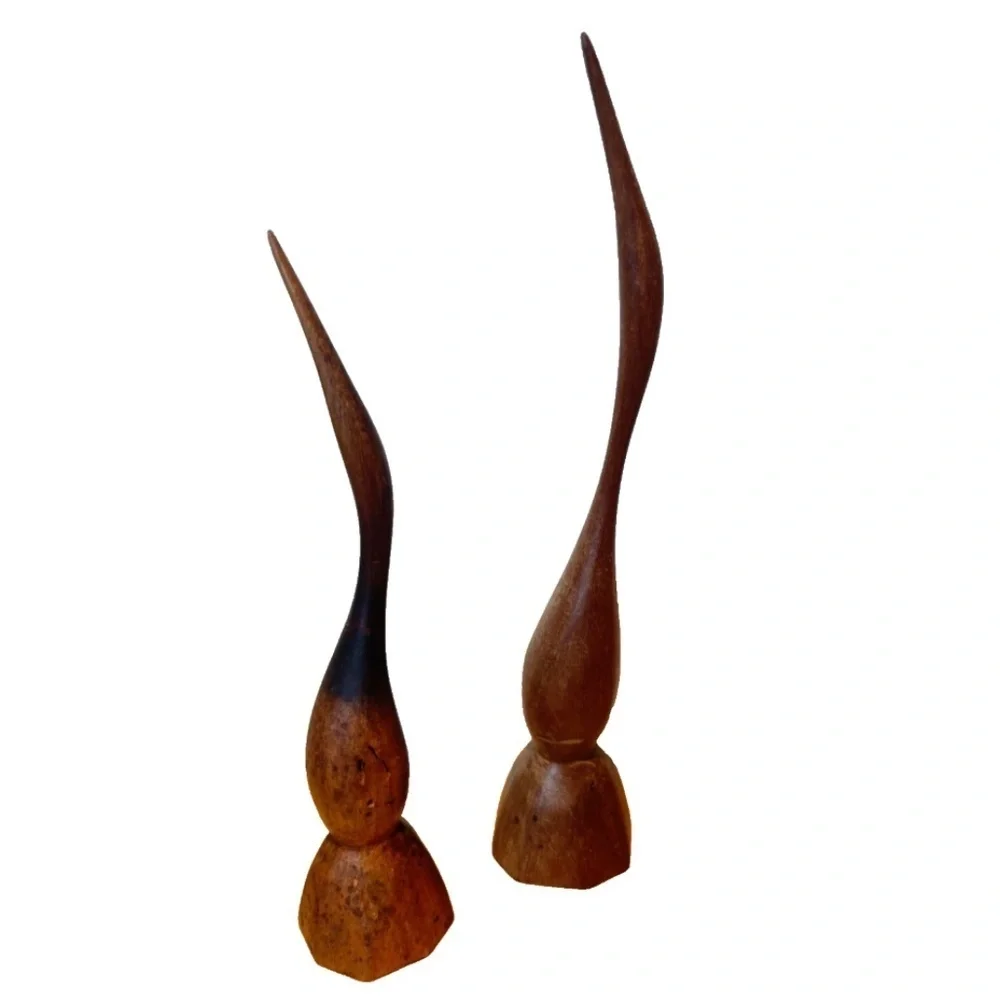 Danish Teak Wood Bird Sculpture Set of 2 Carved Midcentury MCM Folk Art Mantle